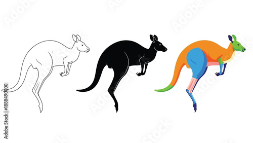 Collection of three jumping kangaroo illustrations showing outline silhouette and colorful modern art styles against a white background