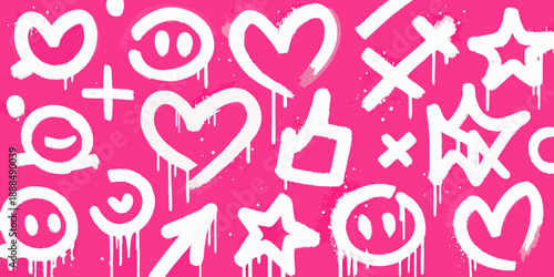 Pink background with white graffiti style hearts smiles and other symbols