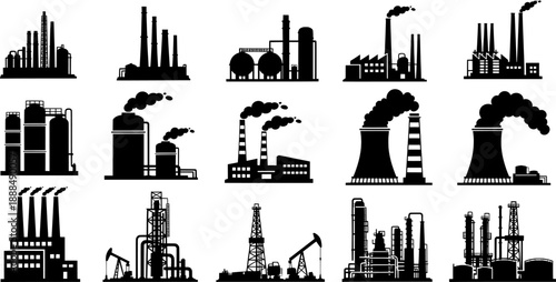 Factory, power plant industrial icons. Factory, power plant, oil refinery and oil processing plant industrial icon. Transparent background EPS version.