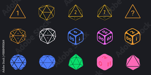 Collection of colorful polyhedral dice for roleplaying games and tabletop gaming