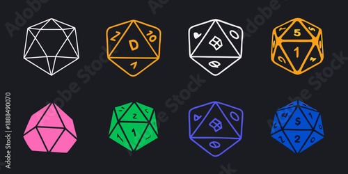 A collection of polyhedral dice in various colors and styles