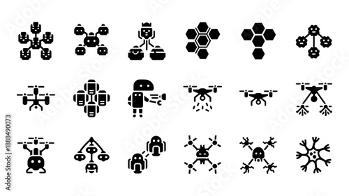 Collection of abstract black icons representing various drones and molecular structures on a white background from a direct viewpoint