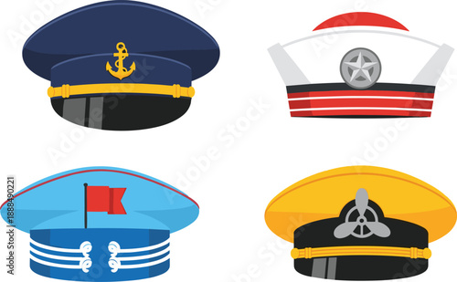 Collection of four colorful uniform hats including captain pilot sailor and military caps with icons isolated on white background for professional job career illustrations