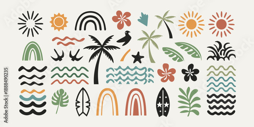 Stylized summer illustrations featuring suns waves plants and tropical motifs