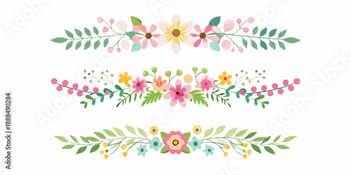 Three floral arrangements and leafy branches presented in a decorative style