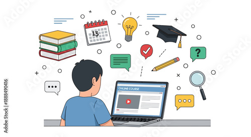 A cartoon boy sitting at a desk with a laptop surrounded by educational icons in a colorful, modern flat design composition.