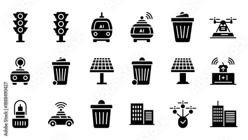Collection of black icons representing various urban infrastructure and technology elements on a white background