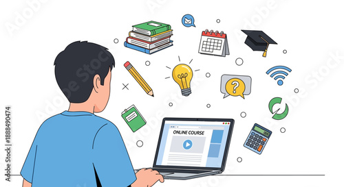 A boy sits at a laptop with a thoughtful expression, surrounded by floating icons representing online learning and education, in a colorful, modern flat design composition.