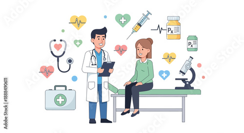 A doctor and patient illustration with a doctor in a white coat discussing health with a stethoscope and medical icons floating around them in a colorful, modern flat design composition.
