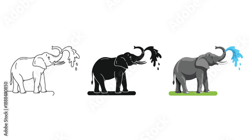 Collection of three elephant illustrations showing a happy animal spraying water from its trunk in different styles