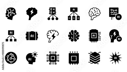 Collection of black icons representing technology and innovation concepts on a white background viewed from a straightforward perspective