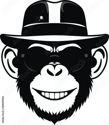 Stylized black and white cartoon monkey wearing a fedora hat and sunglasses with a wide smile primate