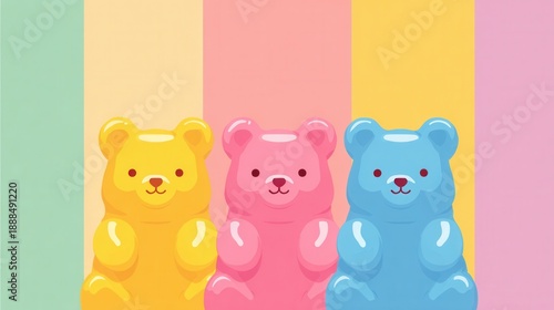 Sweet Gummy Bears: Three vibrantly colored gummy bears stand in a row with distinct hues, exuding a playful vibe for treats and sweets lovers