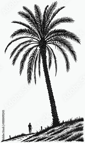 Solitary Palm Tree Silhouette with Distant Figure on Hill.