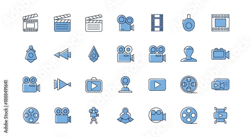 Set of film and cinema icons movie camera clapperboard and reel symbols