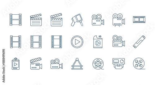 Set of film and video icons clapperboard camera and play symbols