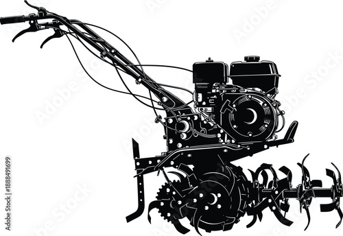 Detailed black silhouette vector illustration of a walk-behind tractor or power tiller for farming and agriculture gardening isolated on a clean white background