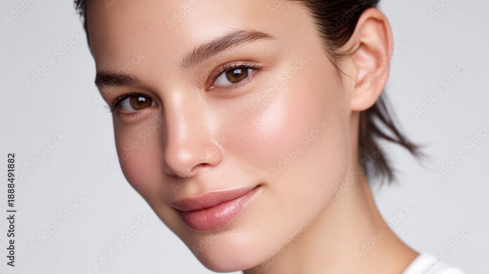 Obraz premium Radiant beauty close-up portrait of a woman with natural skin texture showcasing a fresh and glowing complexion against a minimalistic background