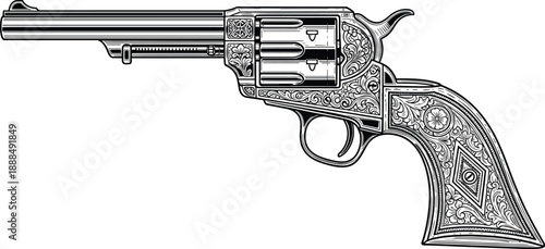 Detailed vintage engraved revolver handgun vector illustration with ornate floral patterns isolated on white background for classic wild west cowboy style graphic design branding projects (25 words)
