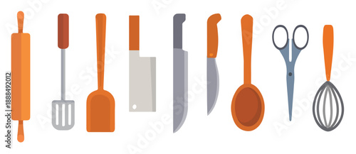 Collection of Orange and Gray Kitchen Utensils in a Row cooking rolling pin