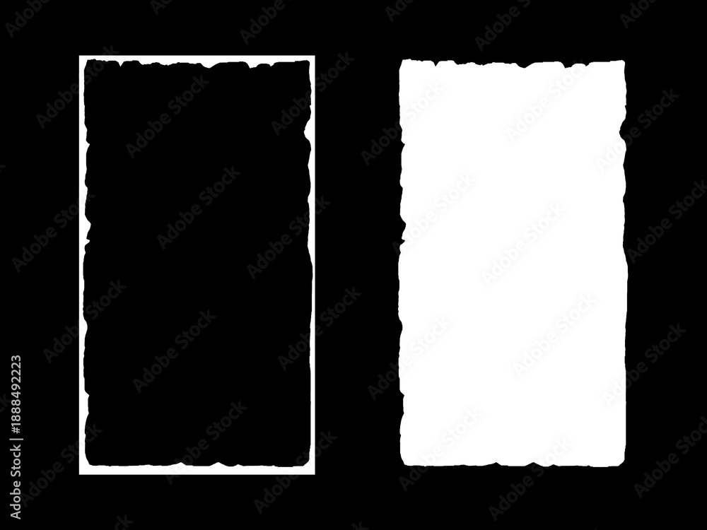 Obraz premium Piece of torn paper on black background with distressed edges paper hole and rectangular border for grunge collages labels and creative design elements