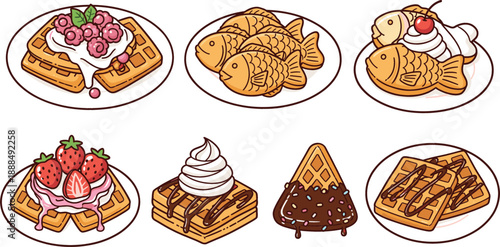 Delicious dessert vector illustration set featuring Belgian waffles with strawberries, whipped cream, chocolate syrup, and Japanese fish-shaped taiyaki cakes on white plates.