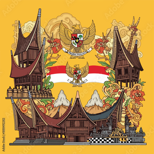 Traditional houses with Indonesian flag and cultural symbols