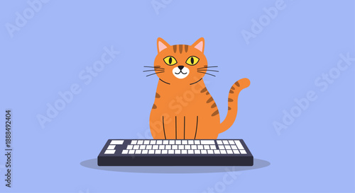 Funny Cartoon Orange Tabby Cat Working on Computer Keyboard Illustration