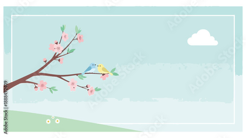 Two birds on a blossoming tree branch