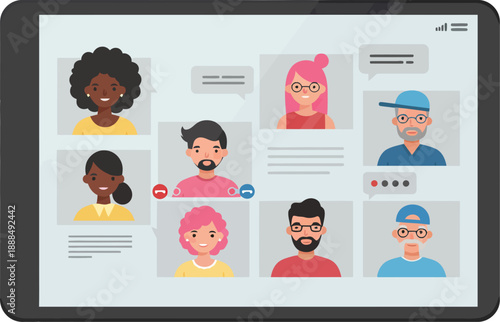 Diverse Group of People in Remote Video Conference Call on Tablet Screen