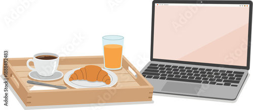 Modern Work From Home Morning Routine with Laptop and Breakfast Tray