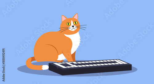 Funny Cartoon Ginger Cat Sitting Next to a Computer Keyboard on Blue Background