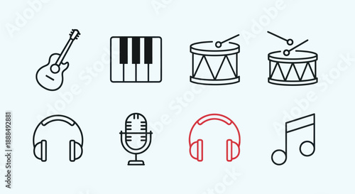 Musical instruments and audio equipment vector icons on white background