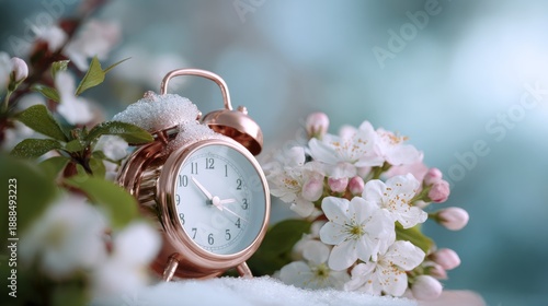 Spring Time Change: Alarm Clock with Snow and Cherry Blossoms Around