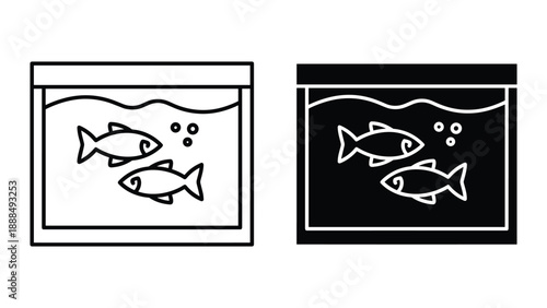 Simple line art fish tank illustration in black and white