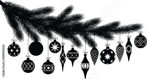 Christmas pine branch with ornaments, baubles, pinecones, festive decoration, black silhouette, flat vector, CAD drawing style illustration, holiday icon