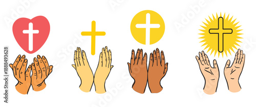 hands holding a cross and praying hands of people from