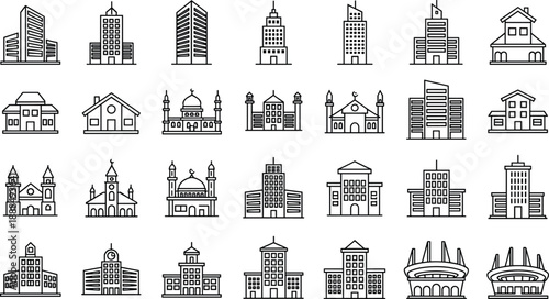 Building icons grid, architectural structures, mosque, church, stadium, house, black line silhouette, CAD drawing flat vector illustration