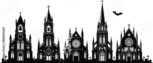 Gothic church silhouettes with gravestones, spires, rose windows, bat, haunted theme, black flat vector, CAD drawing style illustration