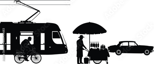Urban life silhouettes with tram, bicycle, street vendor, classic car, black flat vector, CAD drawing style illustration, city scene