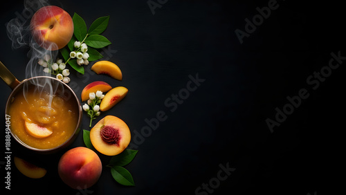 Fresh peach compote cooking in copper pot with sliced fruit and white blossoms on dark background