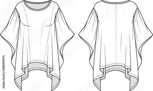 Layered draped women’s top technical sketch front and back, vector illustration, editable design, isolated fashion garment symbol