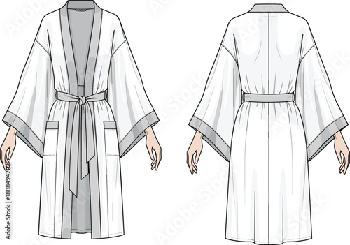 Robe technical fashion sketch, kimono sleeve design, shawl collar, patch pockets, contrast trim, front and back garment illustration
