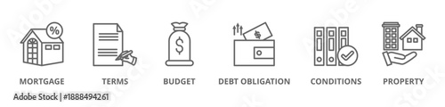 Refinance banner with icons. Conditions, mortgage, debt obligation, cash out, rate and term, property, budget, credit score icons. Business concept.