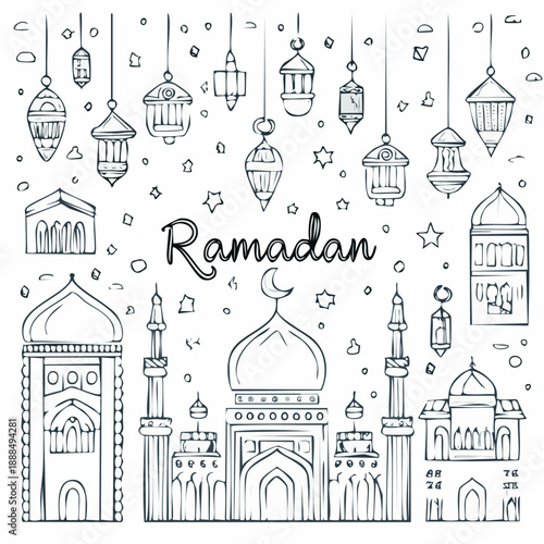 Monochrome outline Ramadan doodle icons featuring mosque towers and lantern illustrations