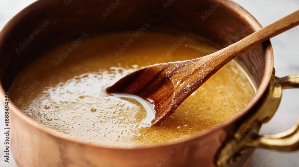 Fototapeta premium Culinary Fusion: A captivating overhead shot of a copper pot brimming with a rich, inviting sauce, gracefully complemented by a wooden spoon, evoking a sense of culinary artistry and warmth.