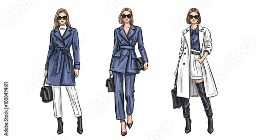 Fashion illustration of three women wearing stylish outfits and accessories.
