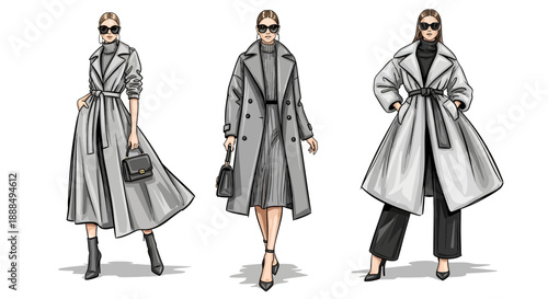 Fashion illustration of woman wearing different outfits with long gray coat.