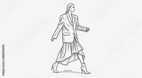 Simple line drawing of a woman walking in a business suit.