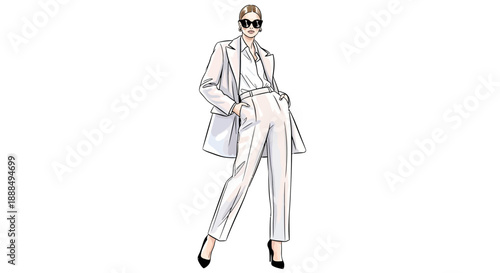 Fashion illustration of a woman in a white pantsuit and sunglasses.